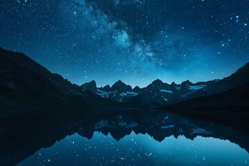 A mountainencompassed lake sparkles under the electric blue night sky