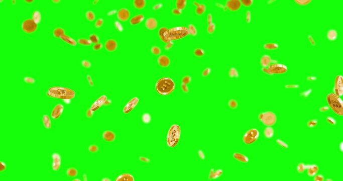 Gold coins with British pound sterling symbol falling down with depth of field - 3D Render - Green screen video