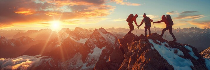Climbers Reaching Mountain Summit at Sunrise