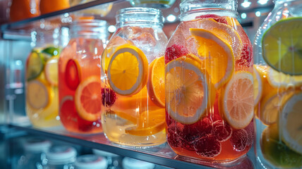 Jars of citrus-infused water on a shelf