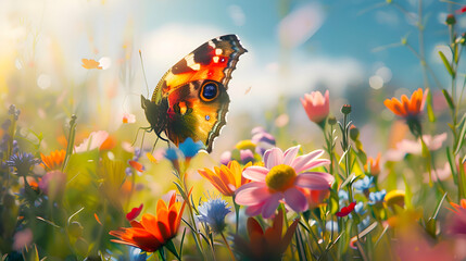 Colorful butterfly fluttering delicately among vibrant wildflowers - obrazy, fototapety, plakaty