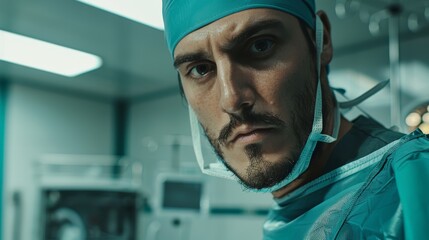 Male surgeon with focused expression in an operating room. Close-up portrait with surgical lighting in the background