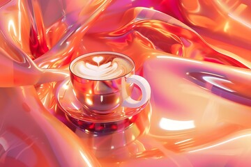 a mesmerizing AI visual presenting a coffee cup mockup amidst floating 3D iridescent red glass, accompanied by organic forms and captivating light refraction effects