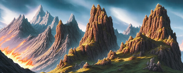 Dragons lair. Rugged grandeur of towering mountains, fierce crags, and treacherous cliffs.