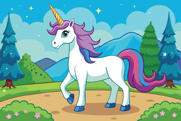 Majestic unicorn standing in fairytale landscape, vector illustration
