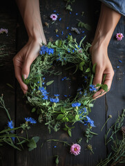 Young woman making a wreath of wildflowers on a wooden table. Florist creating a decoration for midsummer celebration. Scandinavian tradition. Top view, from above.