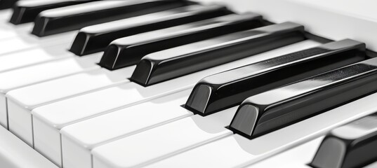 Detailed monochrome close up of a black and white piano keyboard for in depth viewing