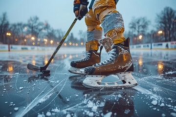 Close-up of an ice hockey player with a stick and a puck on ice - obrazy, fototapety, plakaty