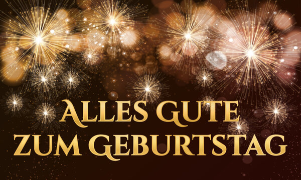 Karte oder Banner, um alles Gute zum Geburtstag in Gold auf braunem und schwarzem Hintergrund mit goldenem Feuerwerk zu wünschen