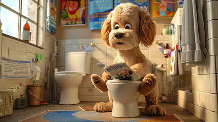 A cartoon dog is sitting on a toilet and reading a magazine. The scene is set in a bathroom with a sink and a cup. The dog appears to be enjoying the magazine, and the bathroom setting adds a humorous