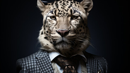 A man is wearing a suit and tie and has a leopard's face on his head. The image has a playful and humorous mood, as it is not a typical scene to see a man dressed in a suit - obrazy, fototapety, plakaty