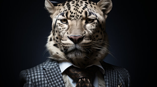 A man is wearing a suit and tie and has a leopard's face on his head. The image has a playful and humorous mood, as it is not a typical scene to see a man dressed in a suit