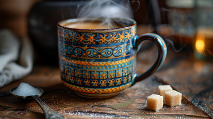 Photo of a steaming coffee cup and sugar cubes.