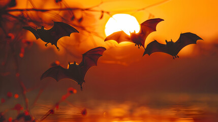Crepuscular bats silhouetted against an orange sunset - Powered by Adobe