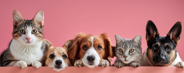 The picture of front view and close up of the multiple group of the various cat and dog in front of the bright pink background that look back to the camera with the curious and interest face. AIGX03.