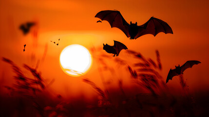 Crepuscular bats silhouetted against an orange sunset