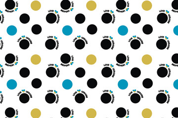 Seamless pattern. Black, blue and yellow circles on a white background. I love Ukraine. Blue and yellow heart. Flyer background design, advertising background, fabric, clothing, texture, textile patte