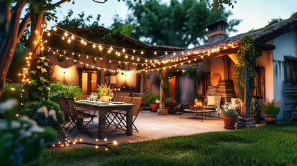 Elegant Outdoor Dining Under the Stars, A Night of Sophisticated Garden Ambiance and Warm Lights