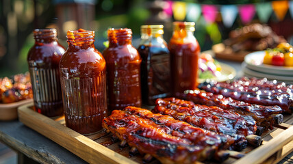 Barbecue ribs and sauce bottles on table