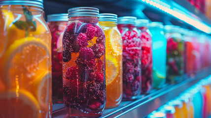 Glass jars with preserved fruits on a shelf.