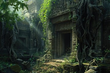 Fototapeta na wymiar An ancient, abandoned temple overrun by nature, with intricate carvings and overgrown vines. Resplendent.