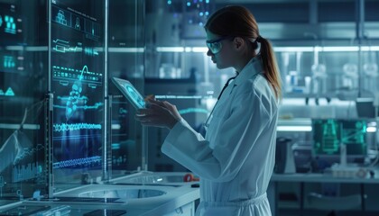 Female scientist analyzing data on futuristic interface