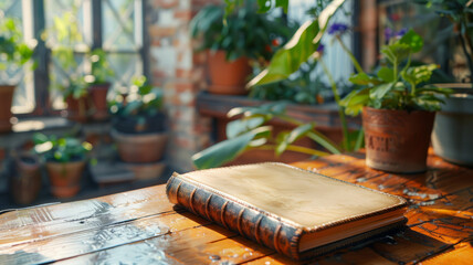 A leather journal on a wooden table with plants