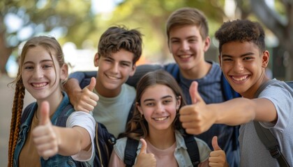 Happy teenagers giving thumbs up outdoors
