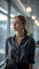 Pensive young woman in modern office setting