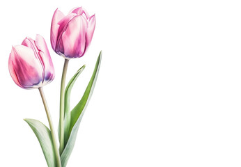 Pink tulips on a white background with copy space