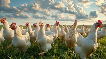 Fototapeta premium white chickens and ducks amid verdant fields against a backdrop of endless azure skies.