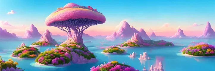 Foto op Canvas Surreal and dreamlike landscape of floating islands suspended in a pastel-colored sky © Olga Khoroshunova