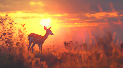 Crepuscular deer grazing at the edge of a fading sunset