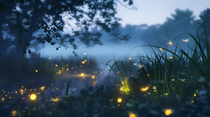 Crepuscular fireflies emerging as the day meets night - obrazy, fototapety, plakaty