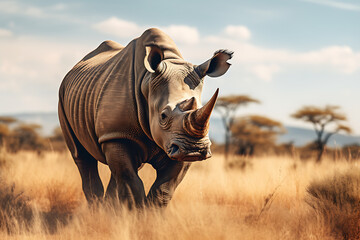 A solitary rhino strolls in the savanna, dust swirling around its massive frame - obrazy, fototapety, plakaty
