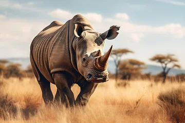 Foto op Canvas A solitary rhino strolls in the savanna, dust swirling around its massive frame © Breyenaiimages