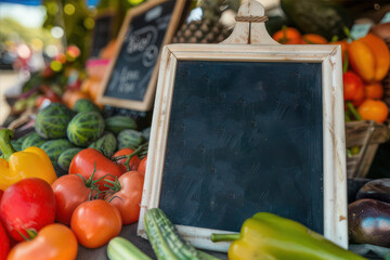 A chalkboard sign, standing in front of colorful vegetables and fruits at an organic market stand. AI Generated