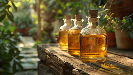 Three bottles with amber liquid on wooden surface