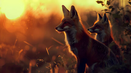 Crepuscular foxes emerging as daylight fades to dusk