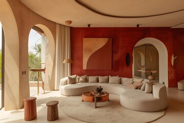 a minimalistic porcelain-inspired red villa living room with a round shape and milk coffee tones
