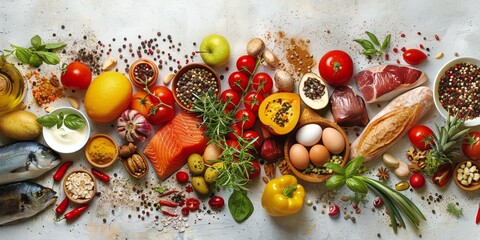 Healthy food spread with colorful ingredients for nutritious meal planning