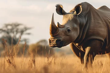 Muurstickers A solitary rhino strolls in the savanna, dust swirling around its massive frame © Breyenaiimages