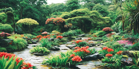 Exotic and captivating beauty of botanical gardens, featuring rare plants, colorful blooms, and unique foliage