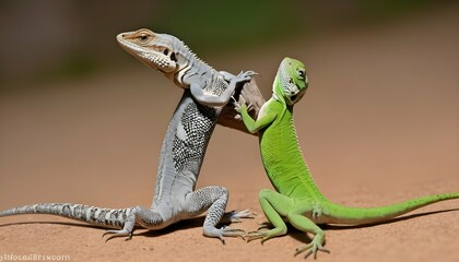 Lizards In A Playful Interaction Tails Entwined - obrazy, fototapety, plakaty