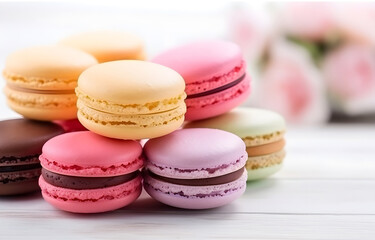 Obraz premium macaroons cookies sweet dessert on white plate on wooden table