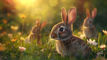 Crepuscular rabbits hopping through twilight meadows