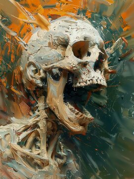 A painting depicting a skeleton with its mouth agape