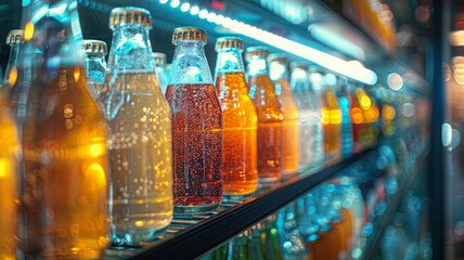 A row of bottled beverages on a shelf.