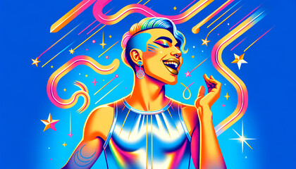 Joyful Gender-Fluid Person Dancing with Rainbow Undercut and Cosmic Background