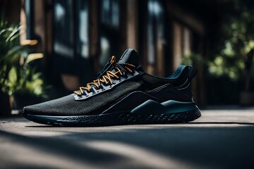 High-End Sneakers, in the style of an outdoors product hero shot in motion, dynamic magazine ad image, photorealism  mockup